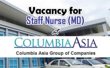 Vacancy for Staff Nurse (MD) at Columbia Asia Hospital
